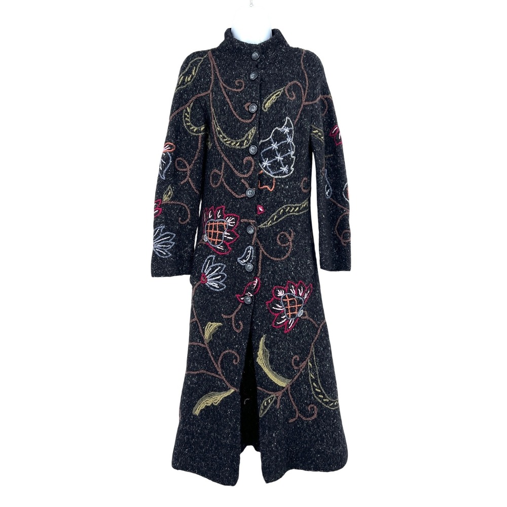 Relais Floral Embroidered Long‎ Cardigan Sweater Coat Duster Button Down
